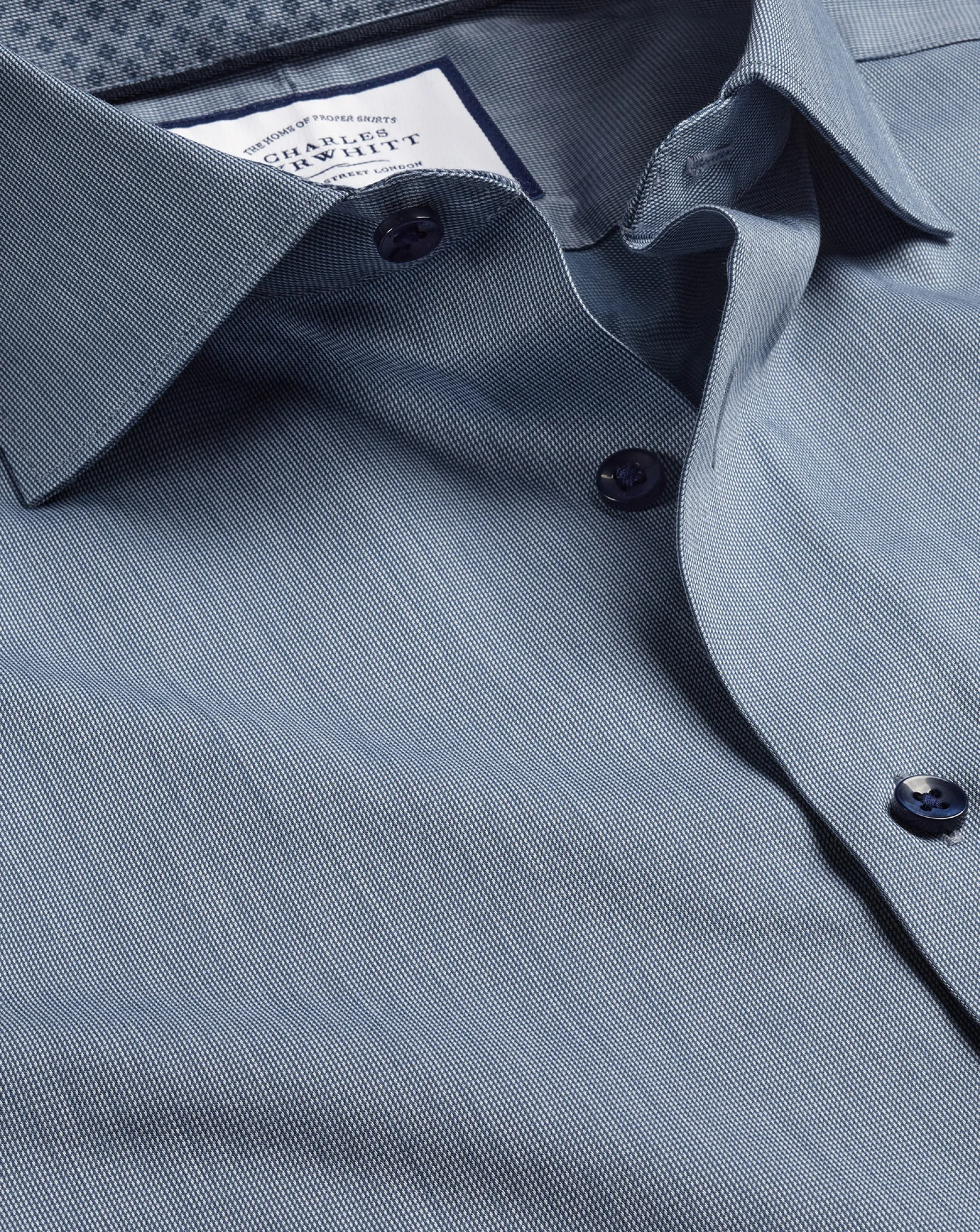 Business Casual Shirts|Dress Shirts<Charles Tyrwhitt Semi-Spread Collar Twill Shirt with Printed Trim - Steel Blue