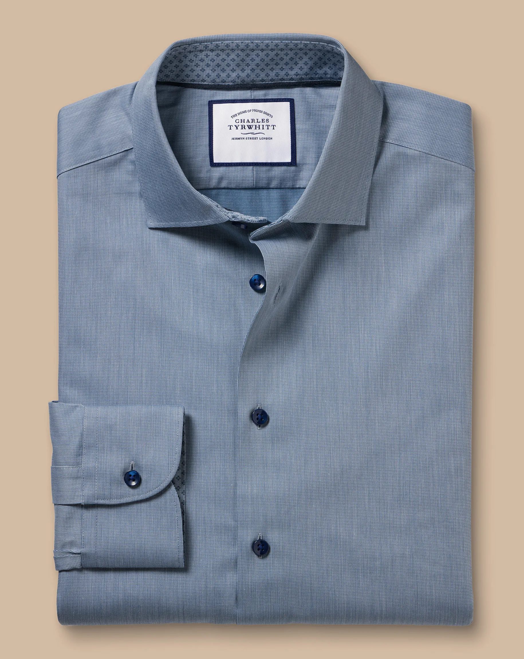 Business Casual Shirts|Dress Shirts<Charles Tyrwhitt Semi-Spread Collar Twill Shirt with Printed Trim - Steel Blue