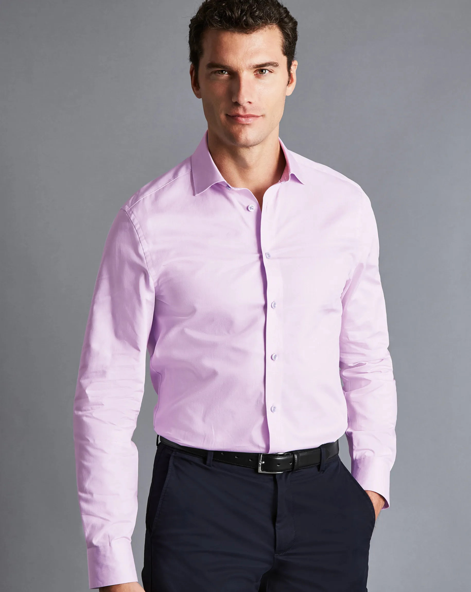 Shirt Sale|Dress Shirts<Charles Tyrwhitt Semi-Spread Collar Twill Shirt with Printed Trim - Violet Purple