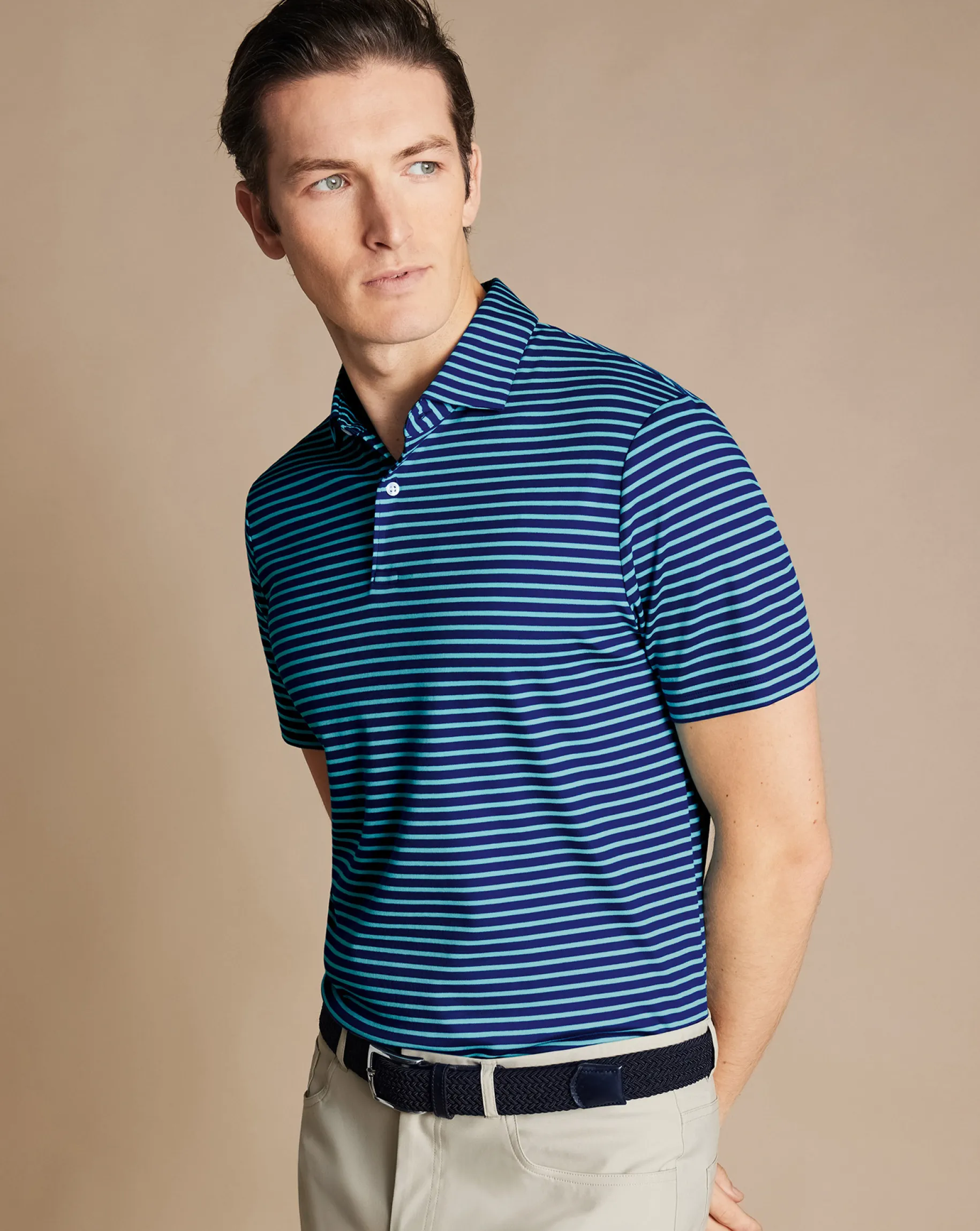 Smart polos|green<Charles Tyrwhitt Smart Jersey Stripe Polo - Green Aqua