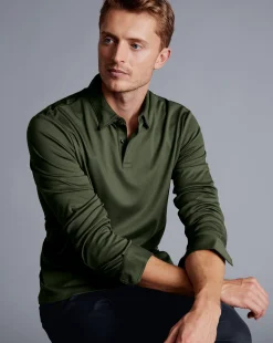 Smart polos|green<Charles Tyrwhitt Smart Long Sleeve Jersey Polo - Green Olive