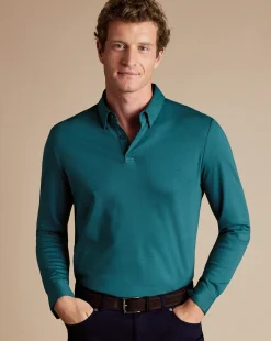 Smart polos|green<Charles Tyrwhitt Smart Long Sleeve Jersey Polo - Green Teal