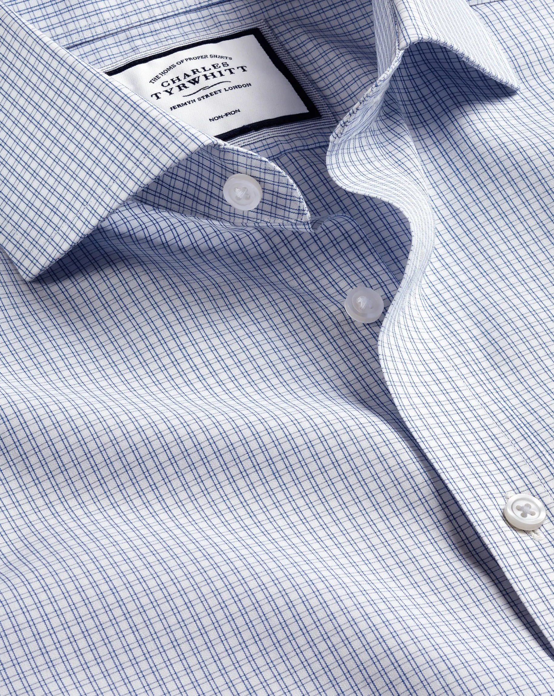 Dress Shirts|XL<Charles Tyrwhitt Spread Collar Non-Iron Double Check Shirt - Cobalt Blue