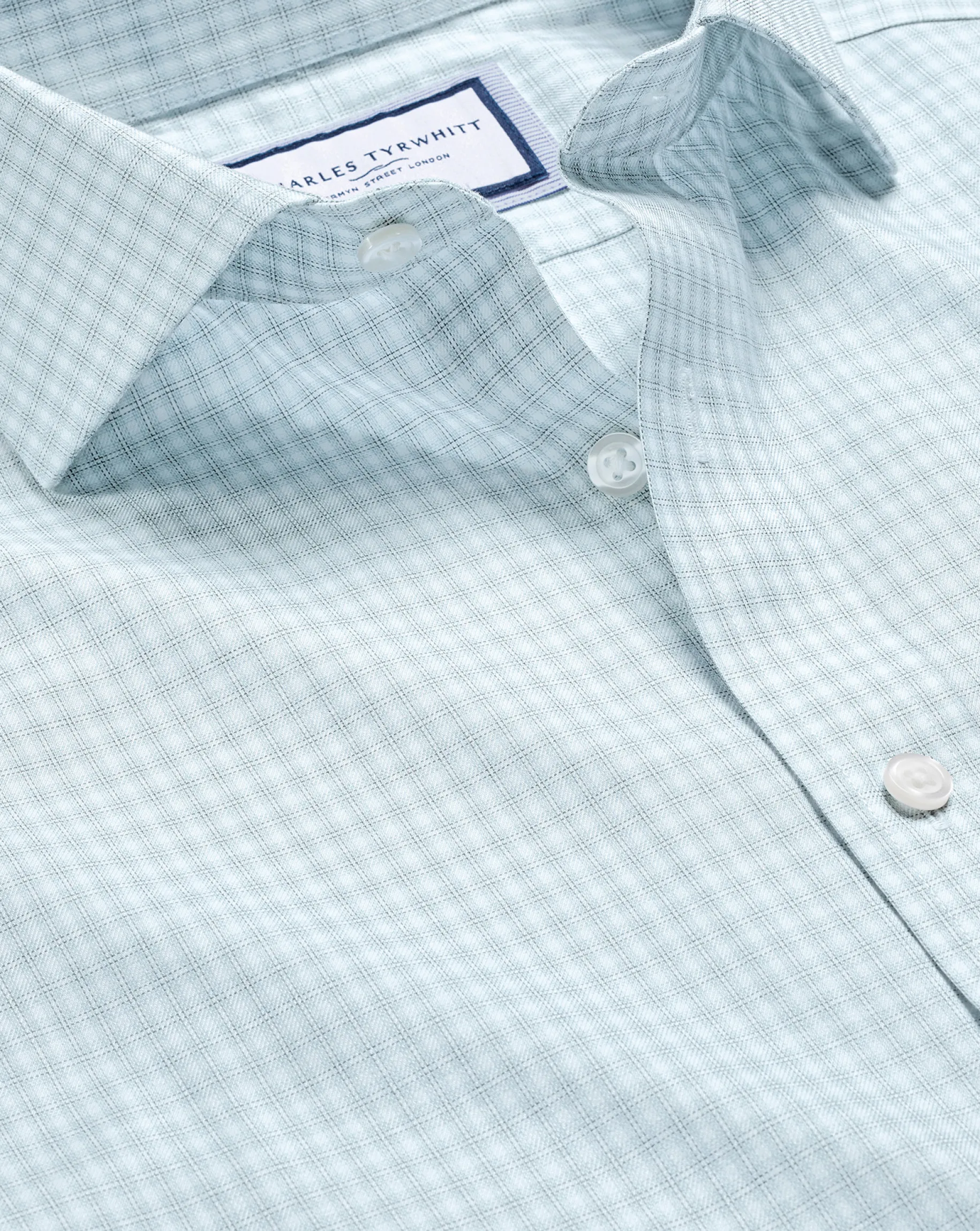 Dress Shirts|XL<Charles Tyrwhitt Spread Collar Non-Iron Double Check Shirt - Pale Teal Green