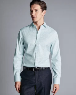 Dress Shirts|XL<Charles Tyrwhitt Spread Collar Non-Iron Double Check Shirt - Pale Teal Green
