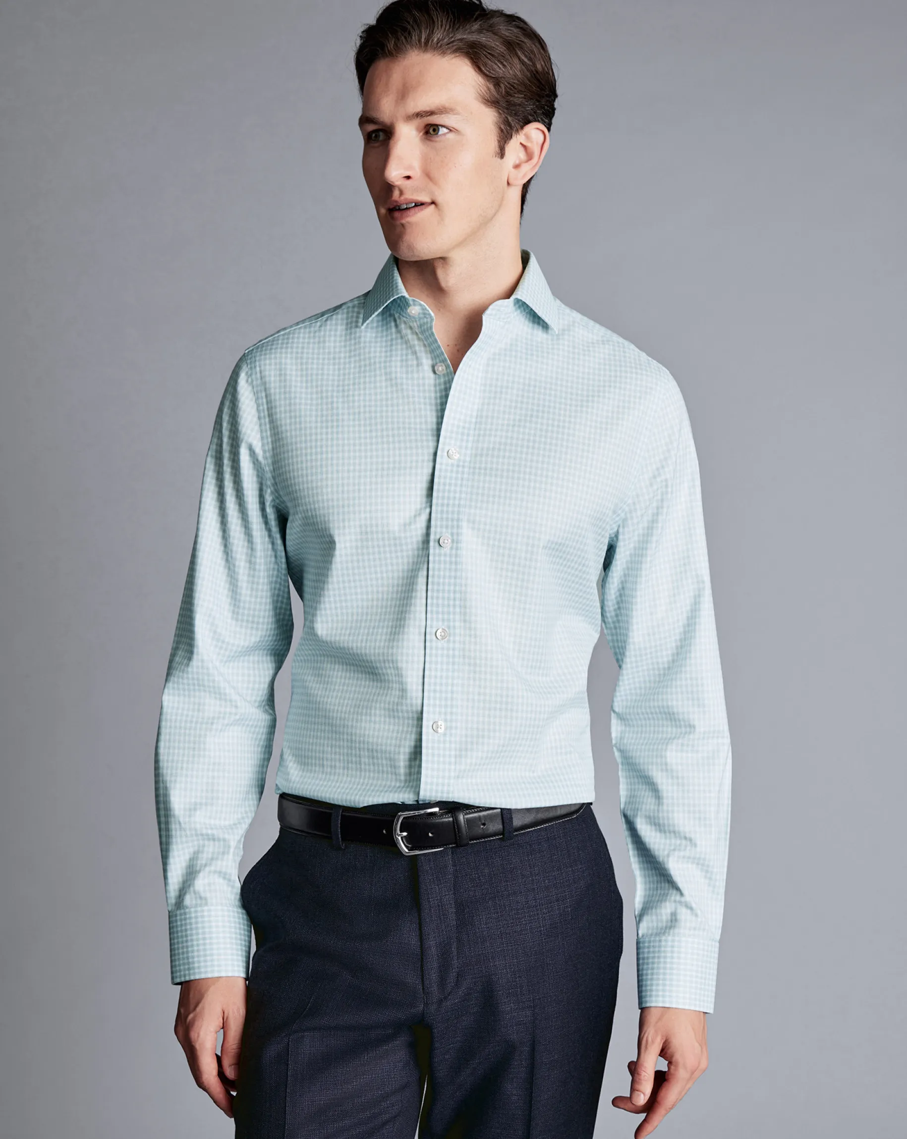 Dress Shirts|XL<Charles Tyrwhitt Spread Collar Non-Iron Double Check Shirt - Pale Teal Green