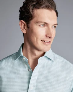 Dress Shirts|XL<Charles Tyrwhitt Spread Collar Non-Iron Double Check Shirt - Pale Teal Green