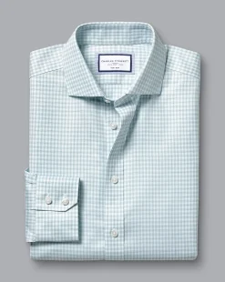 Dress Shirts|XL<Charles Tyrwhitt Spread Collar Non-Iron Double Check Shirt - Pale Teal Green