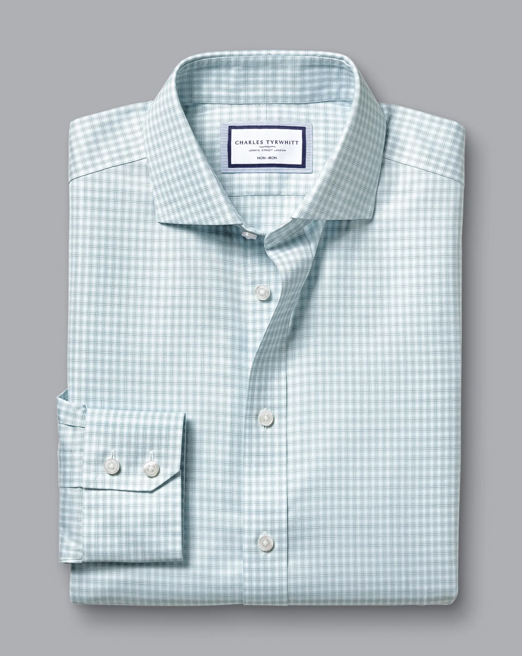 Dress Shirts|XL<Charles Tyrwhitt Spread Collar Non-Iron Double Check Shirt - Pale Teal Green