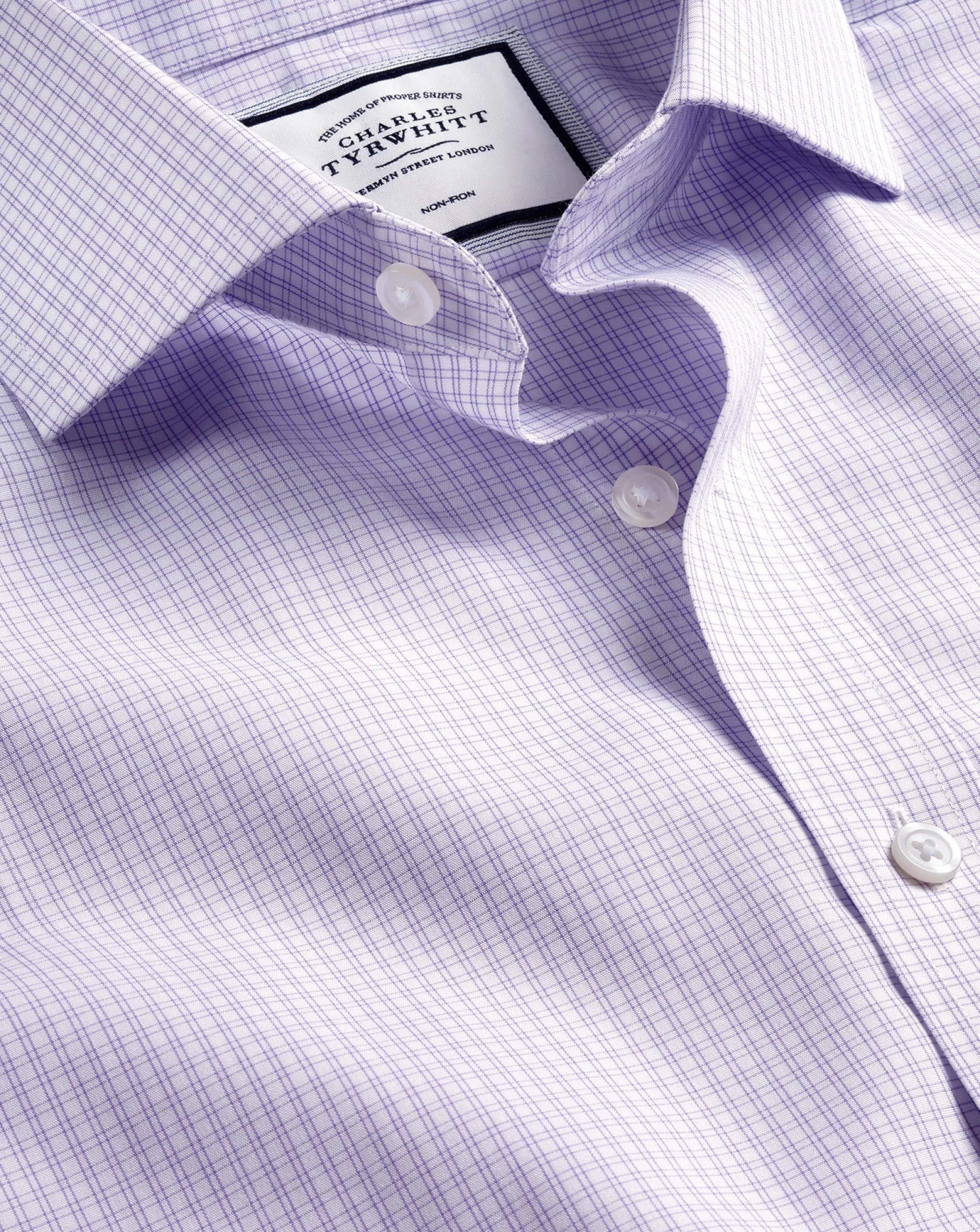 Dress Shirts|S<Charles Tyrwhitt Spread Collar Non-Iron Double Check Shirt - Lilac Purple