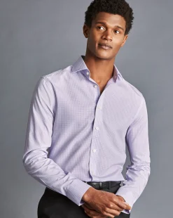 Dress Shirts|S<Charles Tyrwhitt Spread Collar Non-Iron Double Check Shirt - Lilac Purple