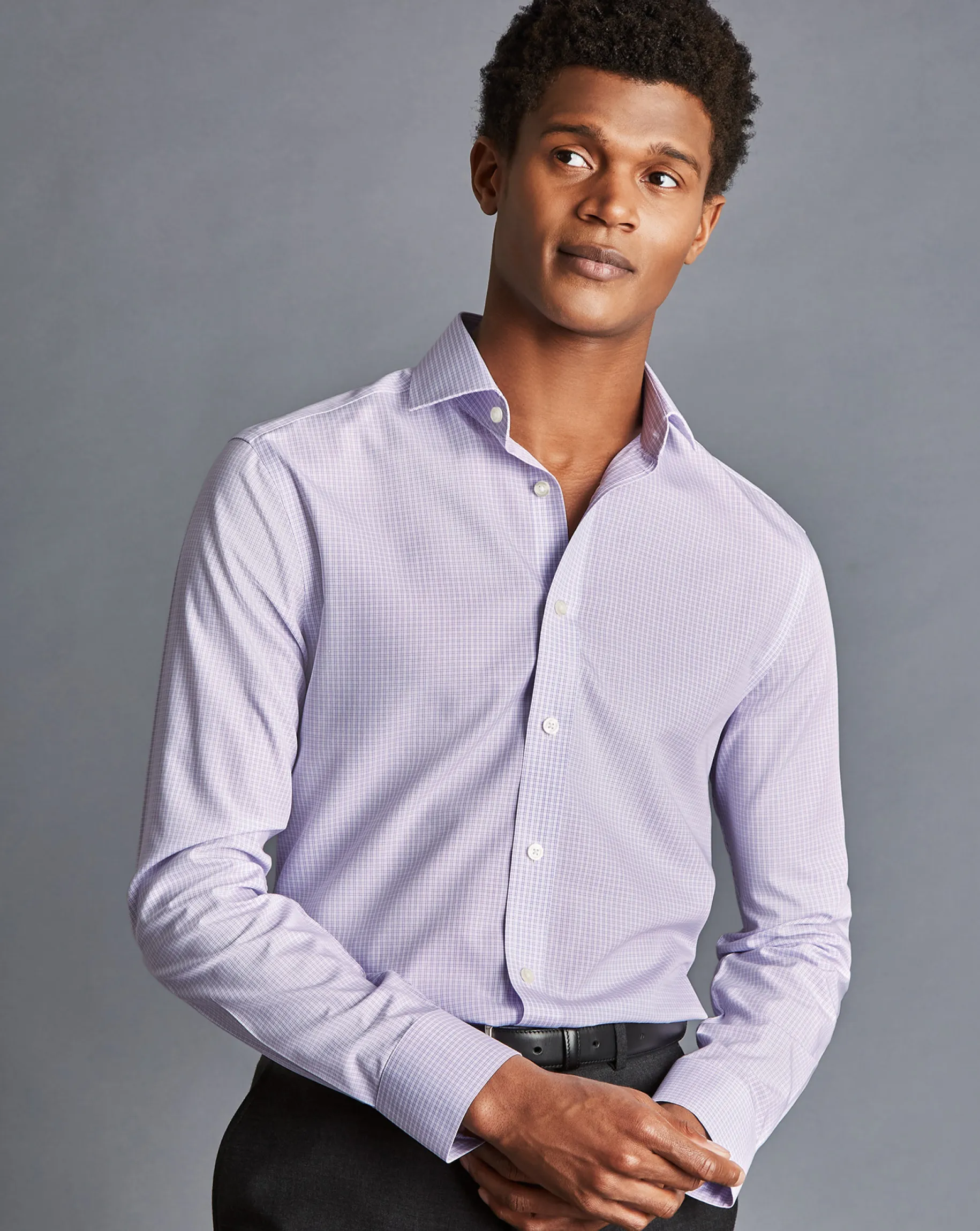 Dress Shirts|S<Charles Tyrwhitt Spread Collar Non-Iron Double Check Shirt - Lilac Purple