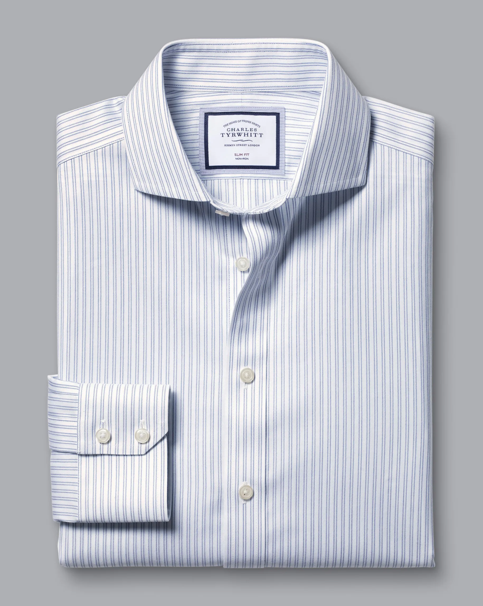 Dress Shirts|S<Charles Tyrwhitt Spread Collar Non-Iron Double Stripe Shirt - Blue Royal