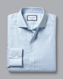 Dress Shirts|XL<Charles Tyrwhitt Spread Collar Non-Iron Double Check Shirt - Blue Sky