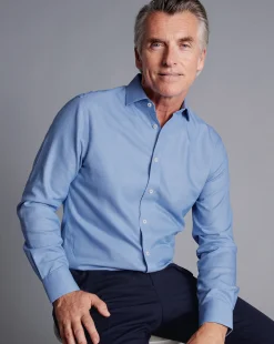 Shirt Sale|Dress Shirts<Charles Tyrwhitt Spread Collar Non-Iron Henley Weave Shirt - Ocean Blue