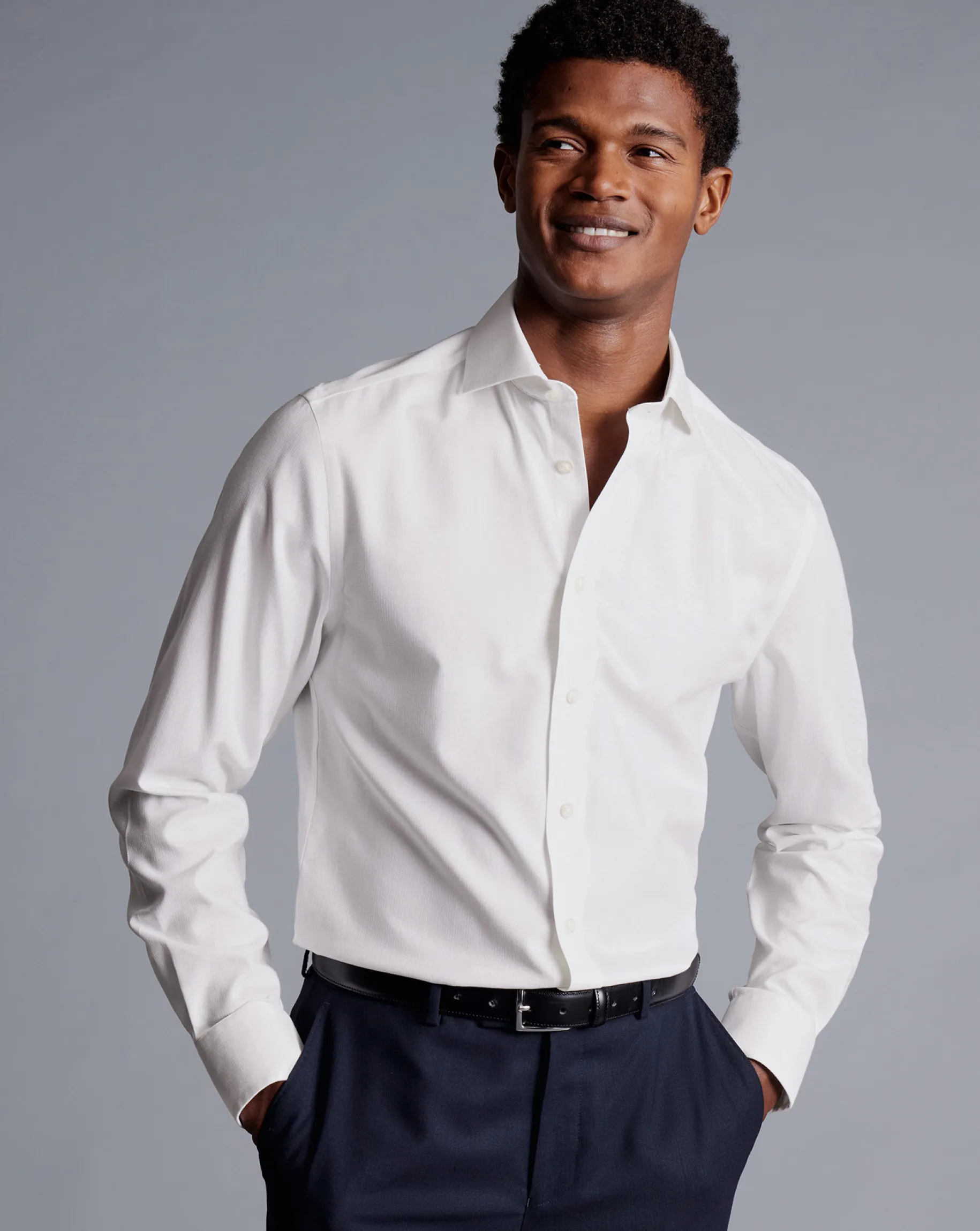 Dress Shirts|XL<Charles Tyrwhitt Spread Collar Non-Iron Henley Weave Shirt - White