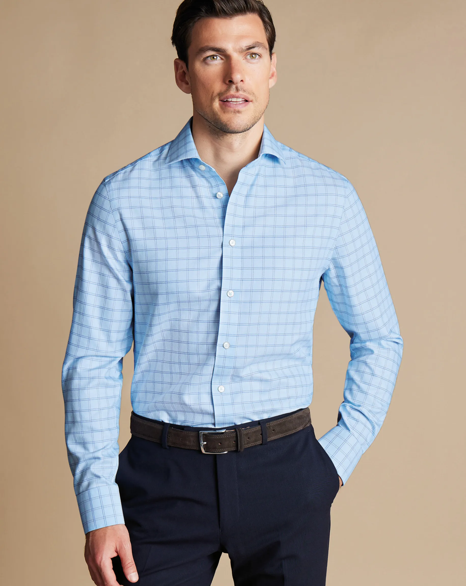 Business Casual Shirts|Dress Shirts<Charles Tyrwhitt Spread Collar Non-Iron Mayfair Weave Check Shirt - Blue Sky