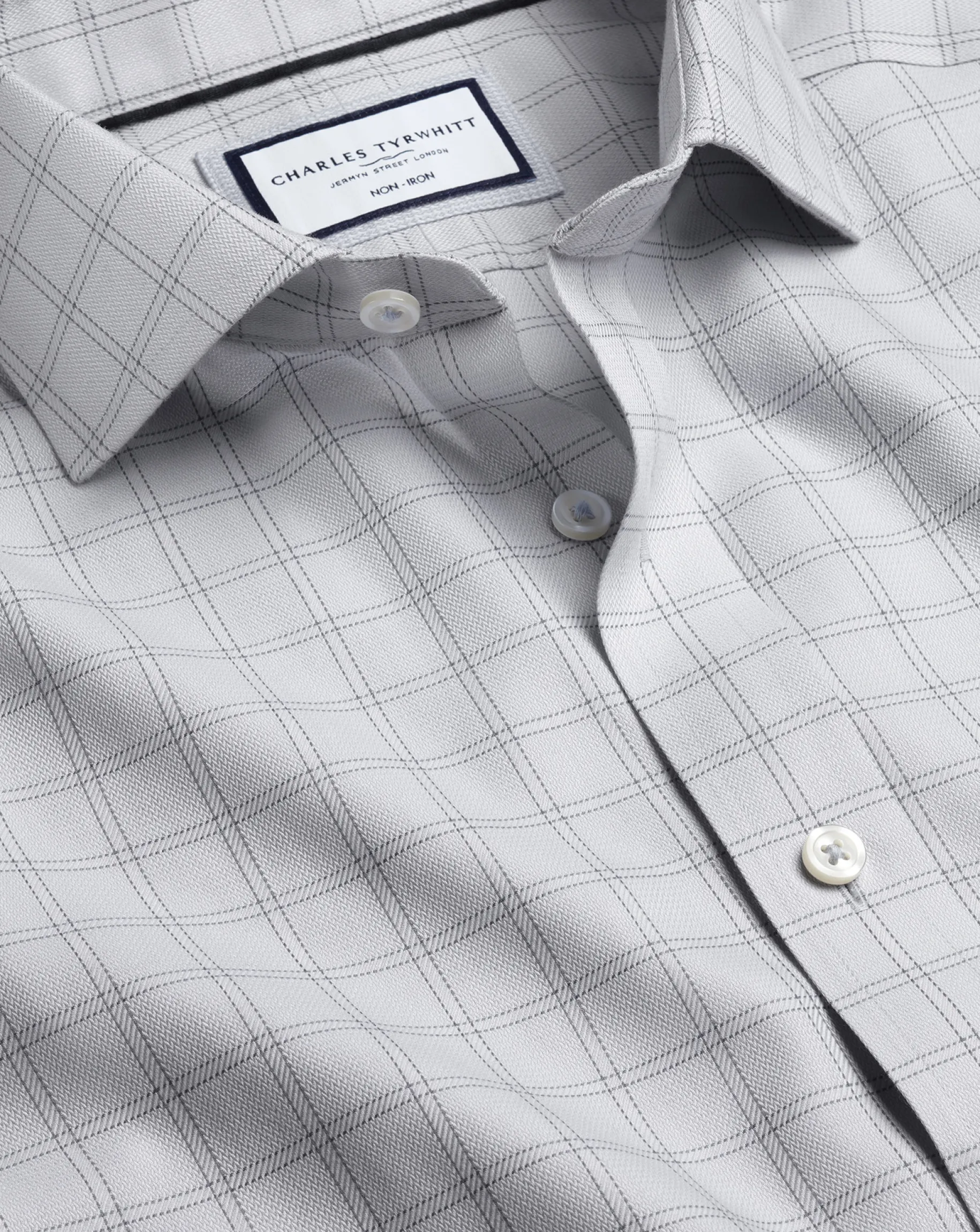 Business Casual Shirts|Dress Shirts<Charles Tyrwhitt Spread Collar Non-Iron Mayfair Weave Check Shirt - Grey Silver