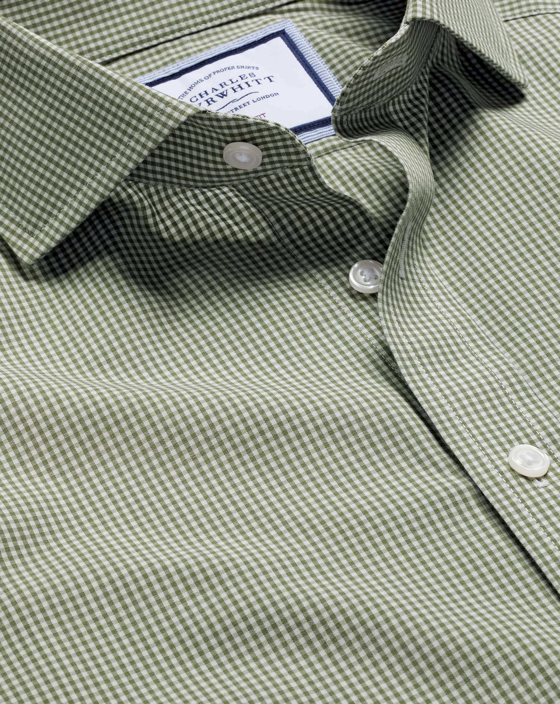 Shirt Sale|Casual Shirts<Charles Tyrwhitt Spread Collar Non-Iron Mini Gingham Check Shirt - Green Olive