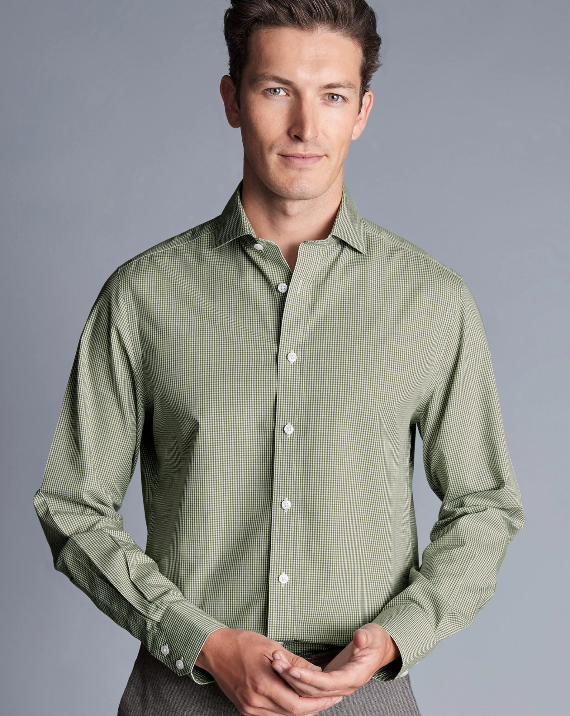 Shirt Sale|Casual Shirts<Charles Tyrwhitt Spread Collar Non-Iron Mini Gingham Check Shirt - Green Olive