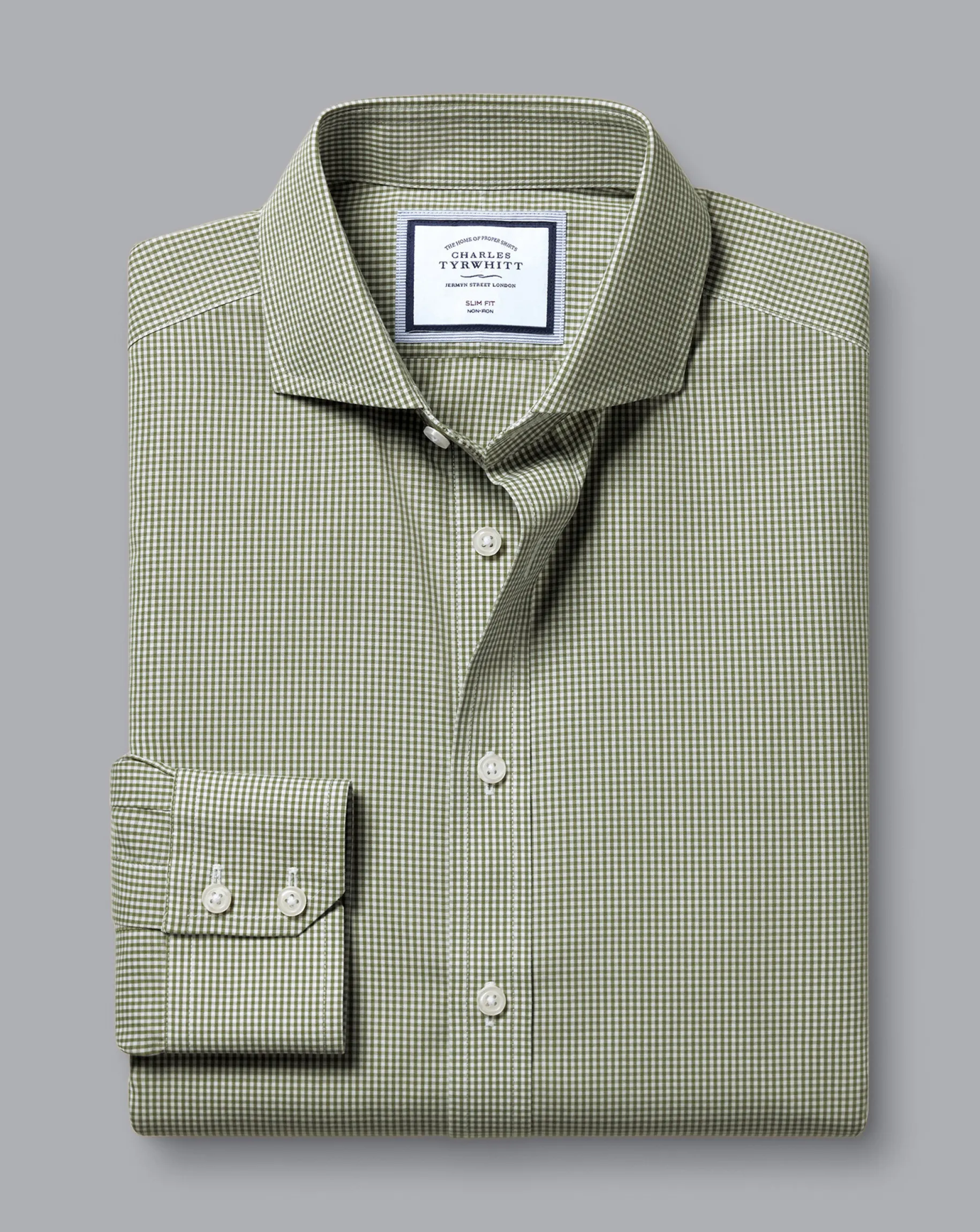 Shirt Sale|Casual Shirts<Charles Tyrwhitt Spread Collar Non-Iron Mini Gingham Check Shirt - Green Olive