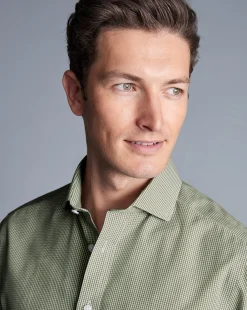 Shirt Sale|Casual Shirts<Charles Tyrwhitt Spread Collar Non-Iron Mini Gingham Check Shirt - Green Olive