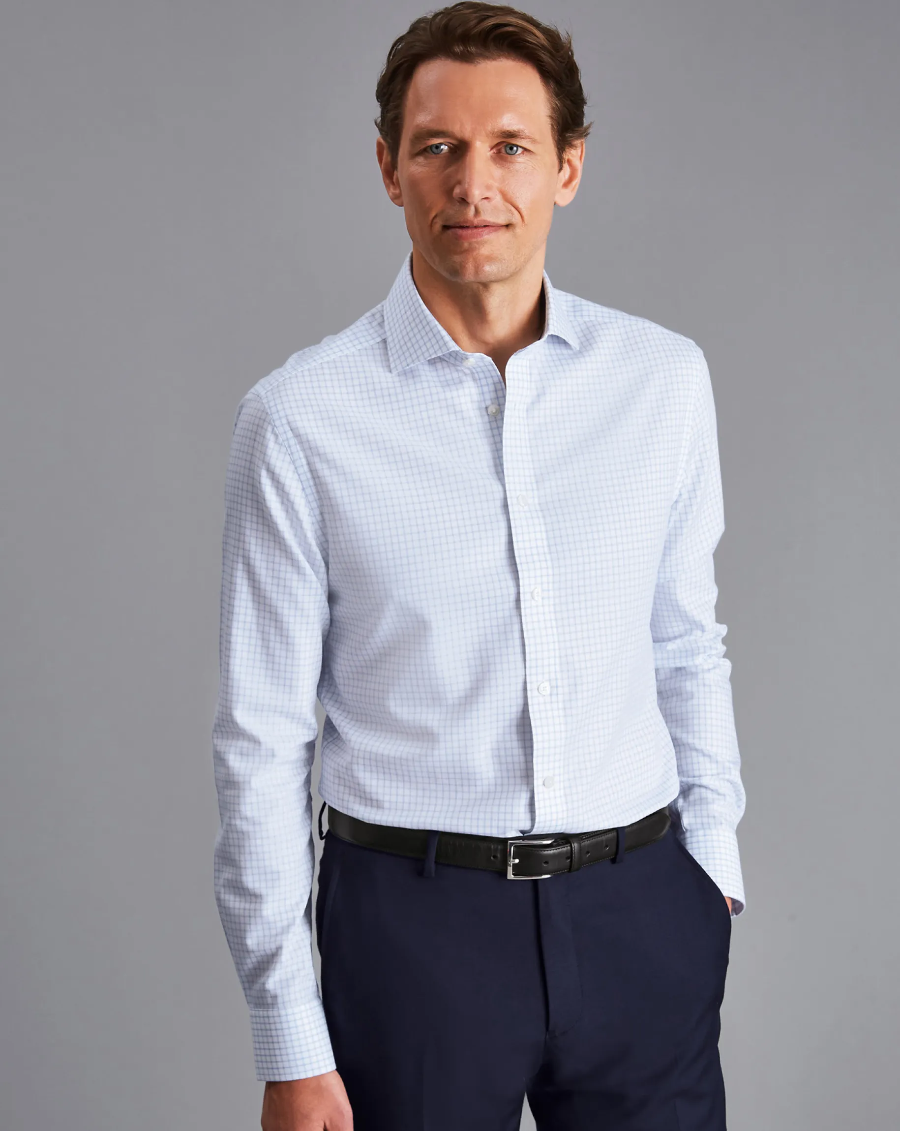Shirt Sale|Dress Shirts<Charles Tyrwhitt Spread Collar Non-Iron Regent Weave Check Shirt - Sky