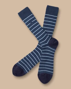 Socks<Charles Tyrwhitt Stripe Cotton Rib Socks - French Blue