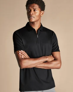 Zip Neck polos|Smart polos<Charles Tyrwhitt Zip-Neck Jersey Polo - Black