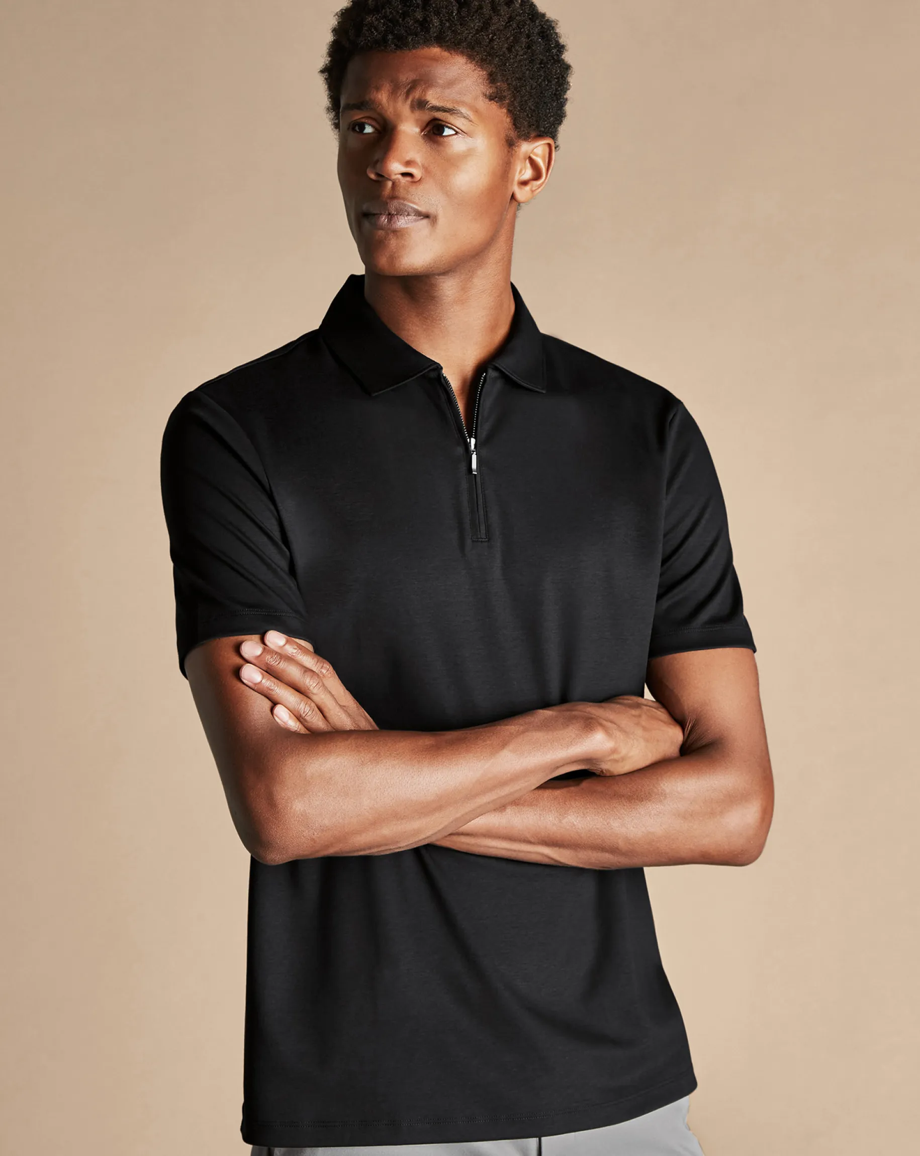 Zip Neck polos|Smart polos<Charles Tyrwhitt Zip-Neck Jersey Polo - Black