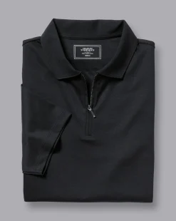 Zip Neck polos|Smart polos<Charles Tyrwhitt Zip-Neck Jersey Polo - Black