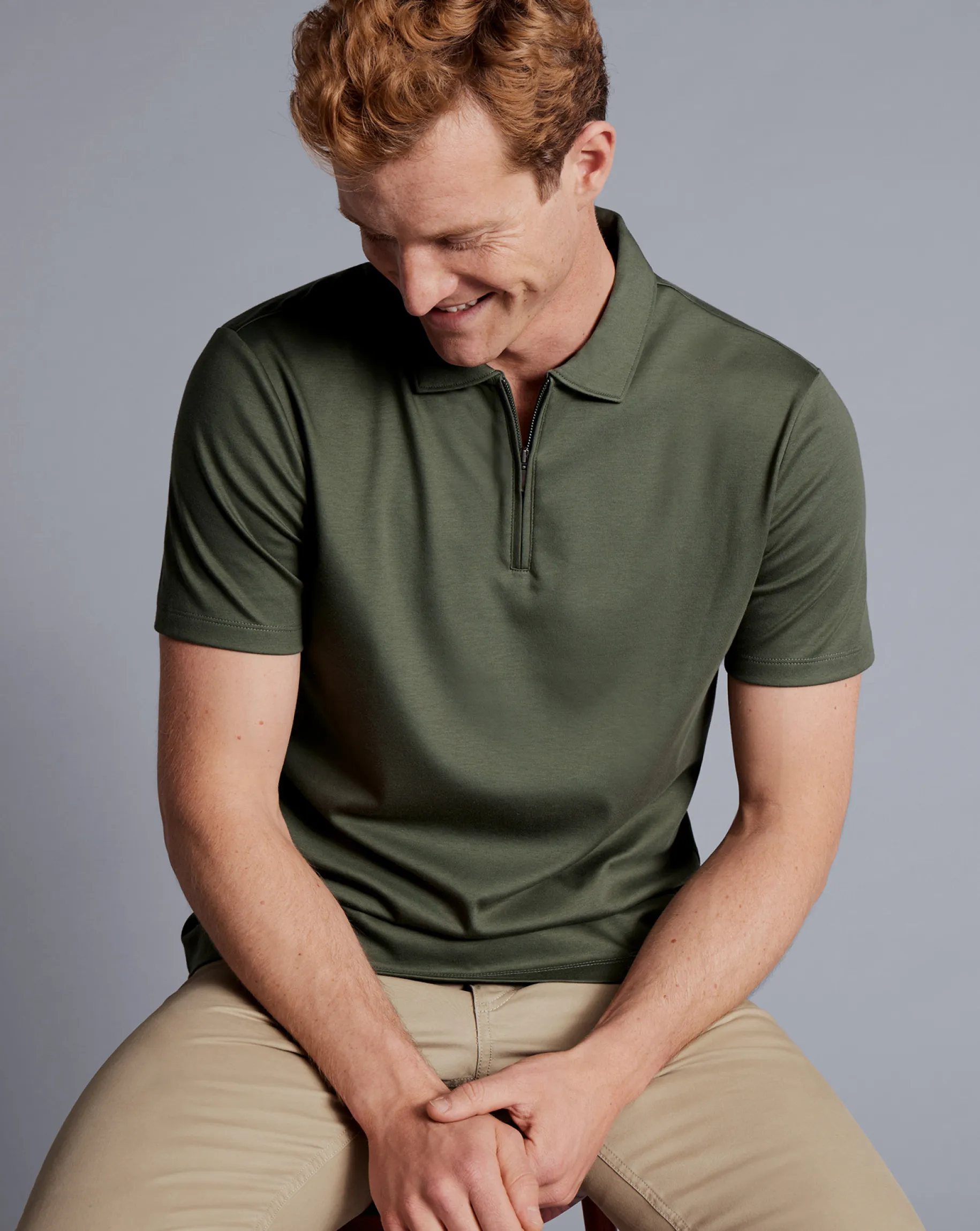 Shirt Sale|Polos<Charles Tyrwhitt Zip-Neck Jersey Polo - Green Olive